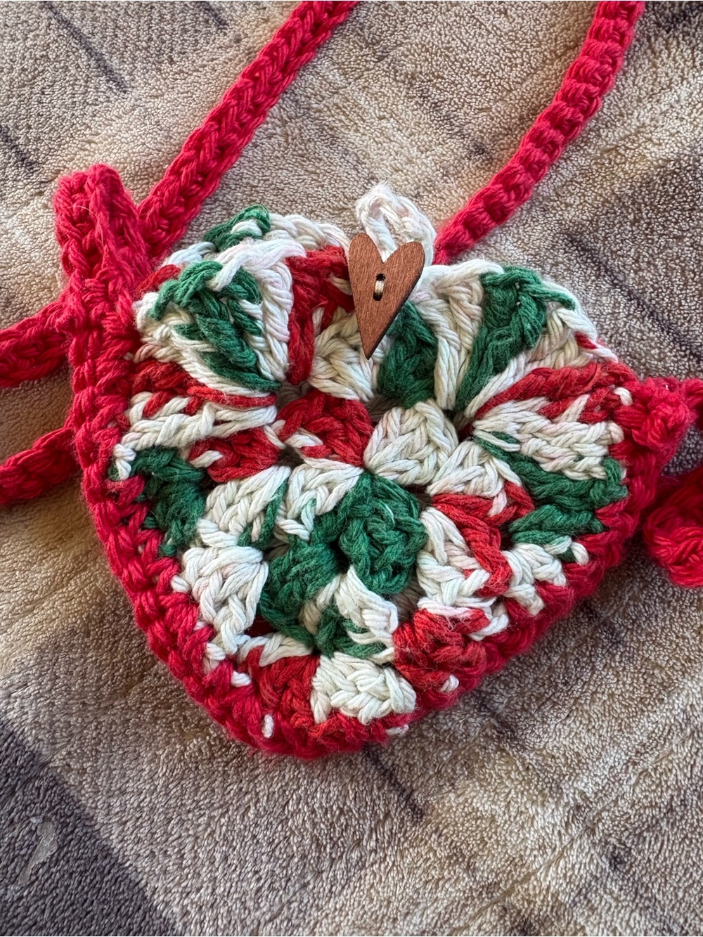 Handmade Crochet Heart Crossbody Bag - Red, Green & Cream